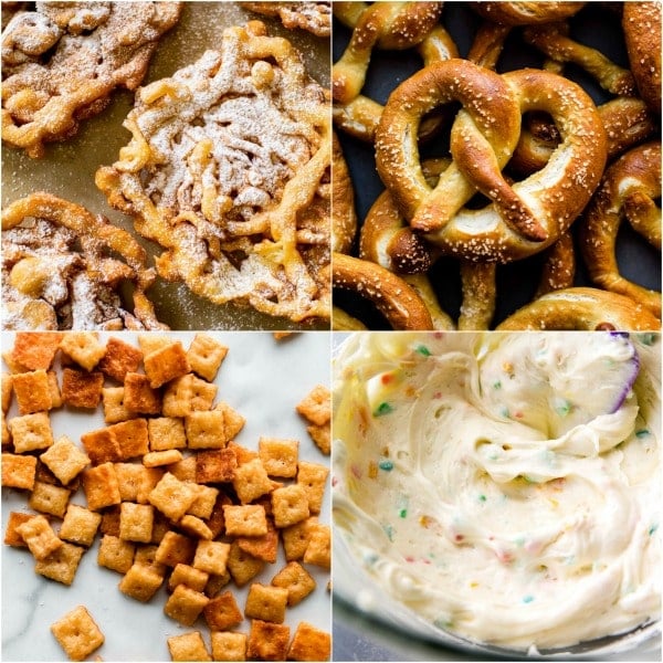 4 fun at-home baking projects including funnel cakes, soft pretzels, homemade cheese crackers, and rainbow chip frosting