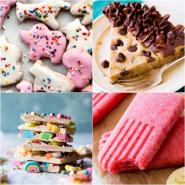 4 fun at-home baking projects including mini animal cracker cookies, chocolate chip cookie cake, Lucky Charms bark, and strawberry banana popsicles