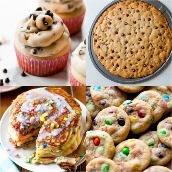4 fun at-home baking projects including cookie dough cupcakes, cookie pizza, sprinkle pancakes, and mini M&M cookies