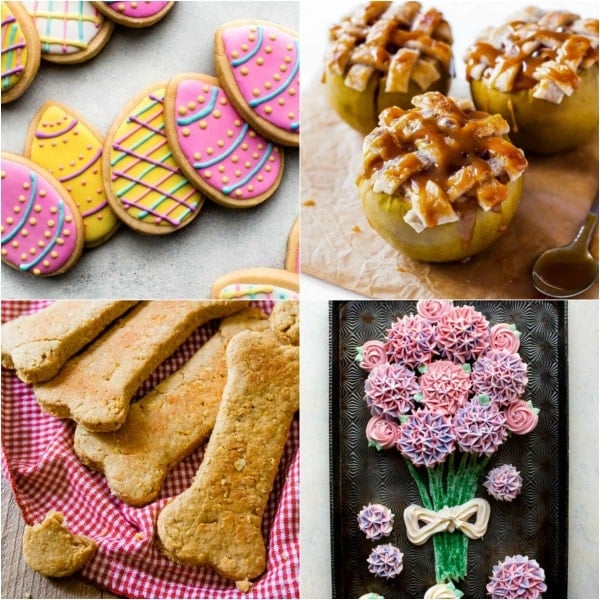 4 fun at-home baking projects including sugar cookies, apple pie baked apples, homemade dog treats, and a cupcake bouquet