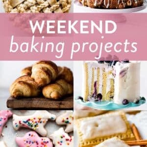 collage of various baking recipe photos including braided pie crust, monkey bread, croissants, vertical cake with blueberries, animal crackers, and pop tarts.