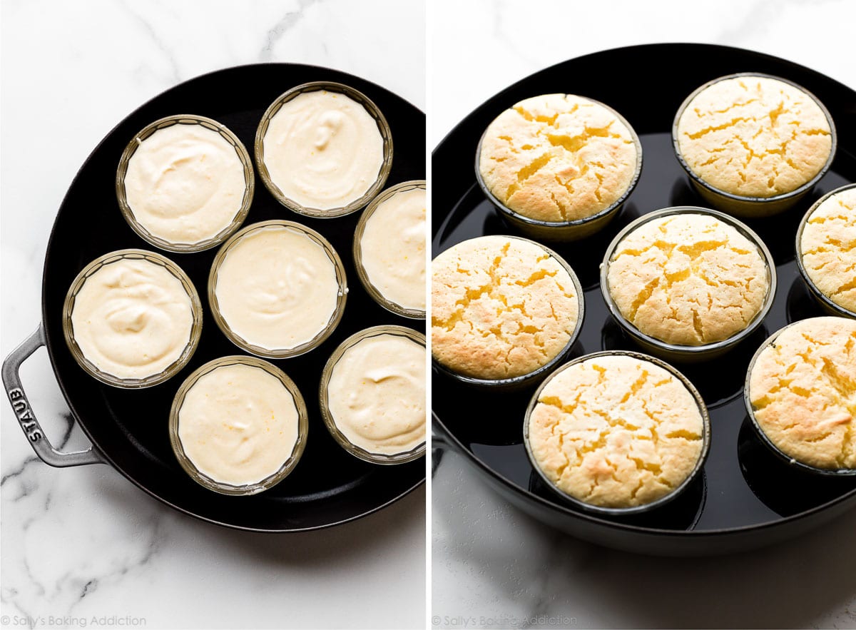 baking lemon pudding cakes in a water bath