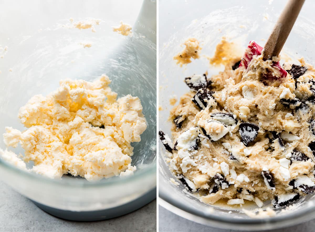 side by side photos showing creamed butter and cream cheese and cookie dough