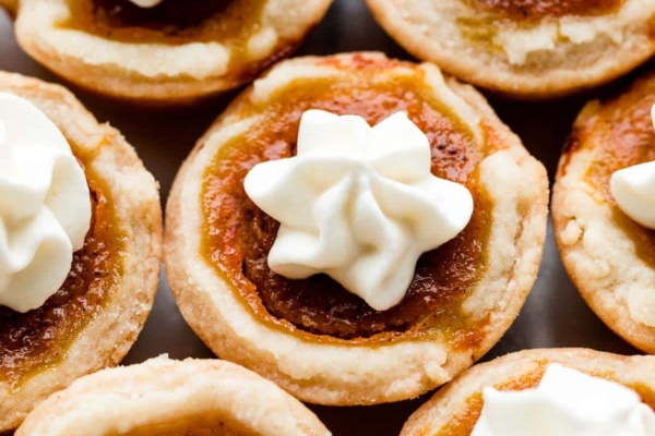 mini pumpkin pies with whipped cream on top