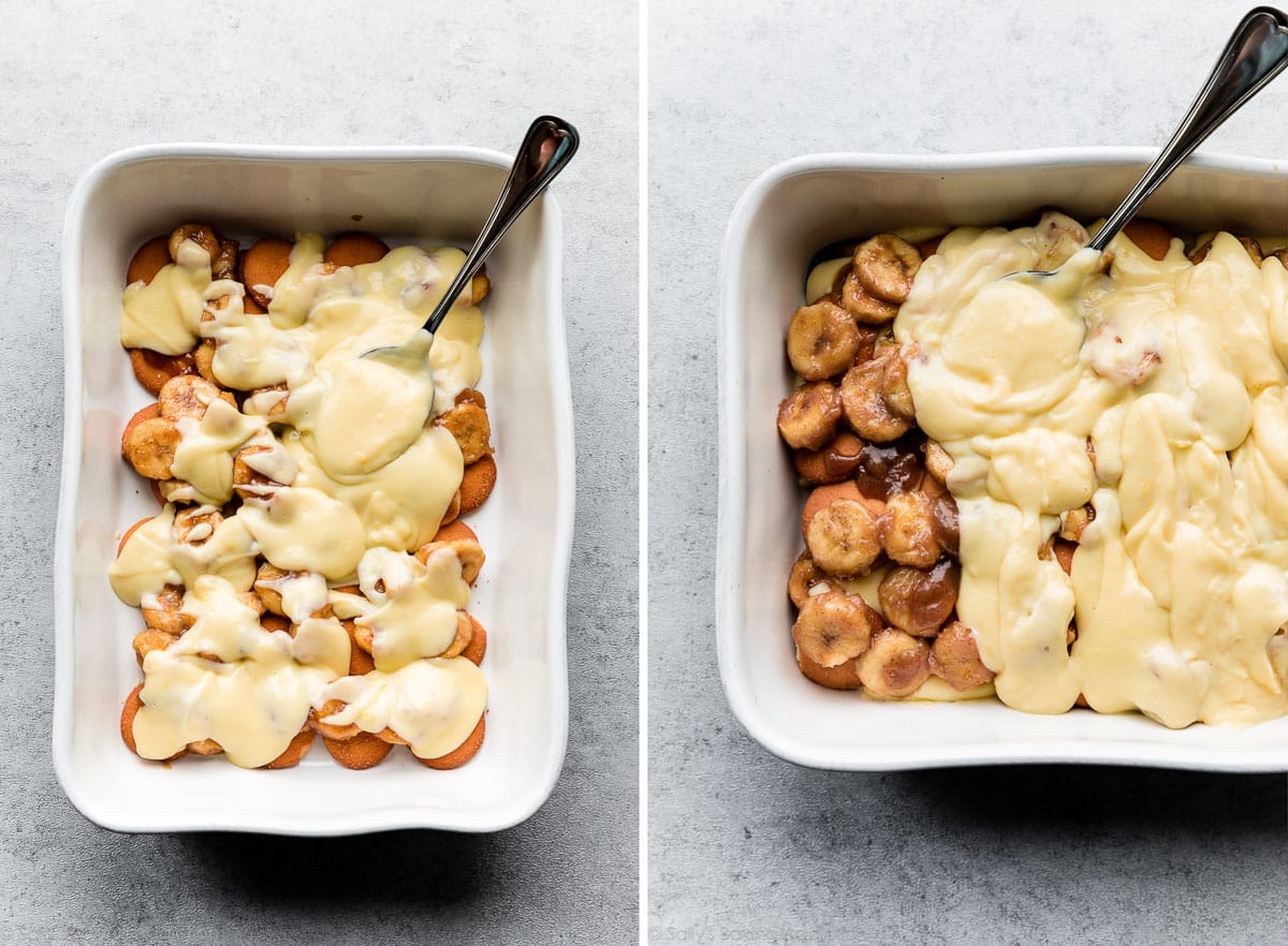 assembling caramelized bananas and pudding in a baking dish