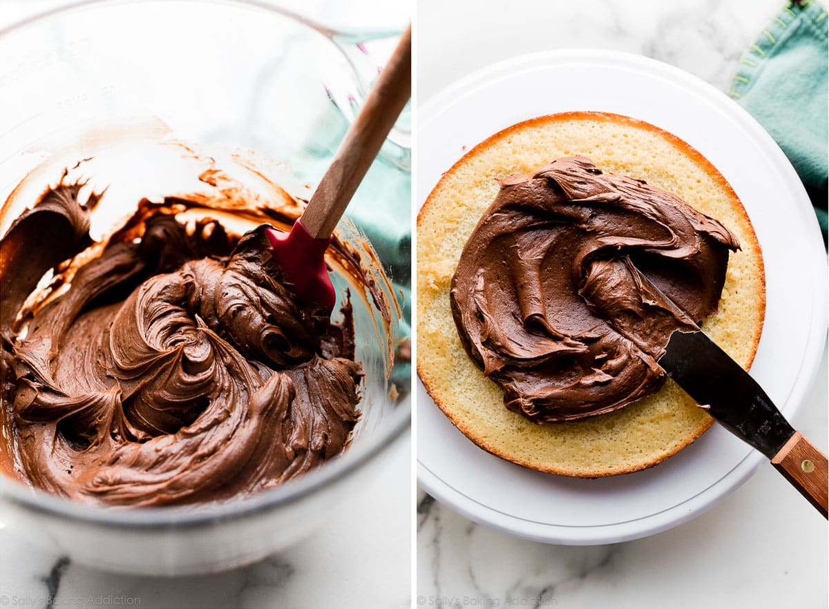 chocolate frosting in a bowl and on a cake