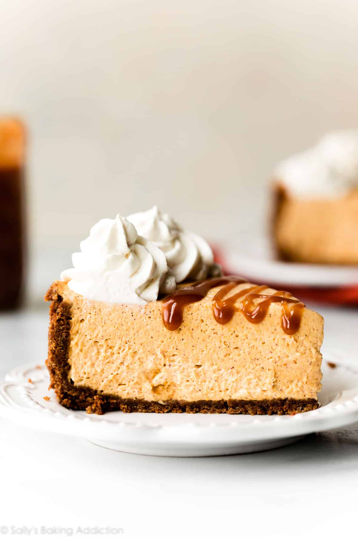 no bake pumpkin cheesecake slice with whipped cream on top