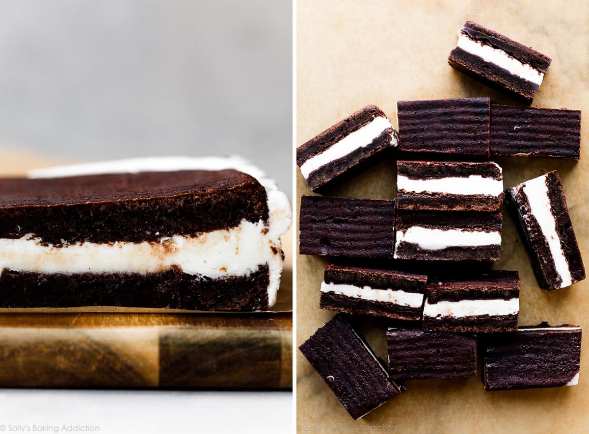 two pictures of brownie ice cream sandwiches
