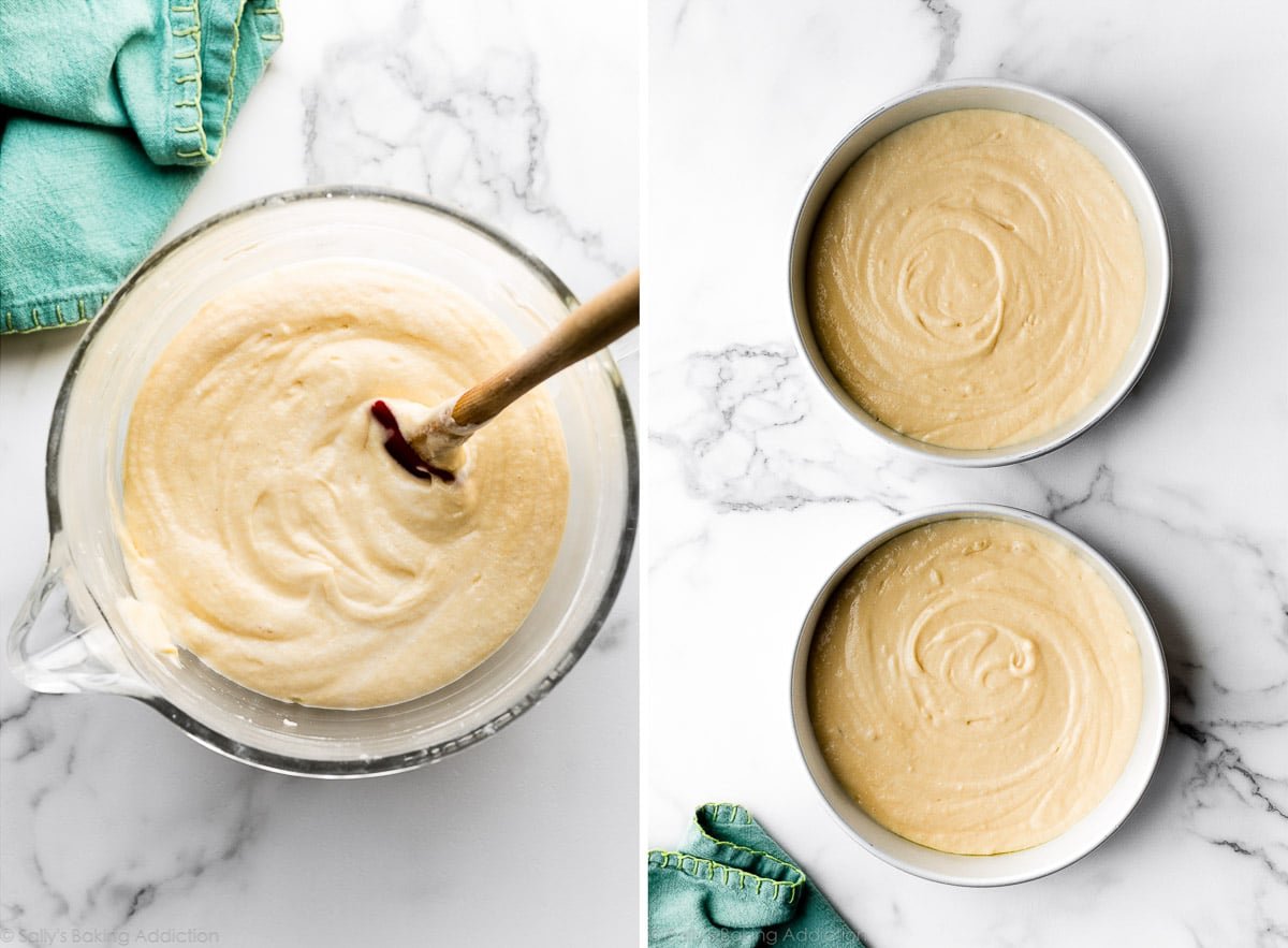 two photos of yellow cake batter