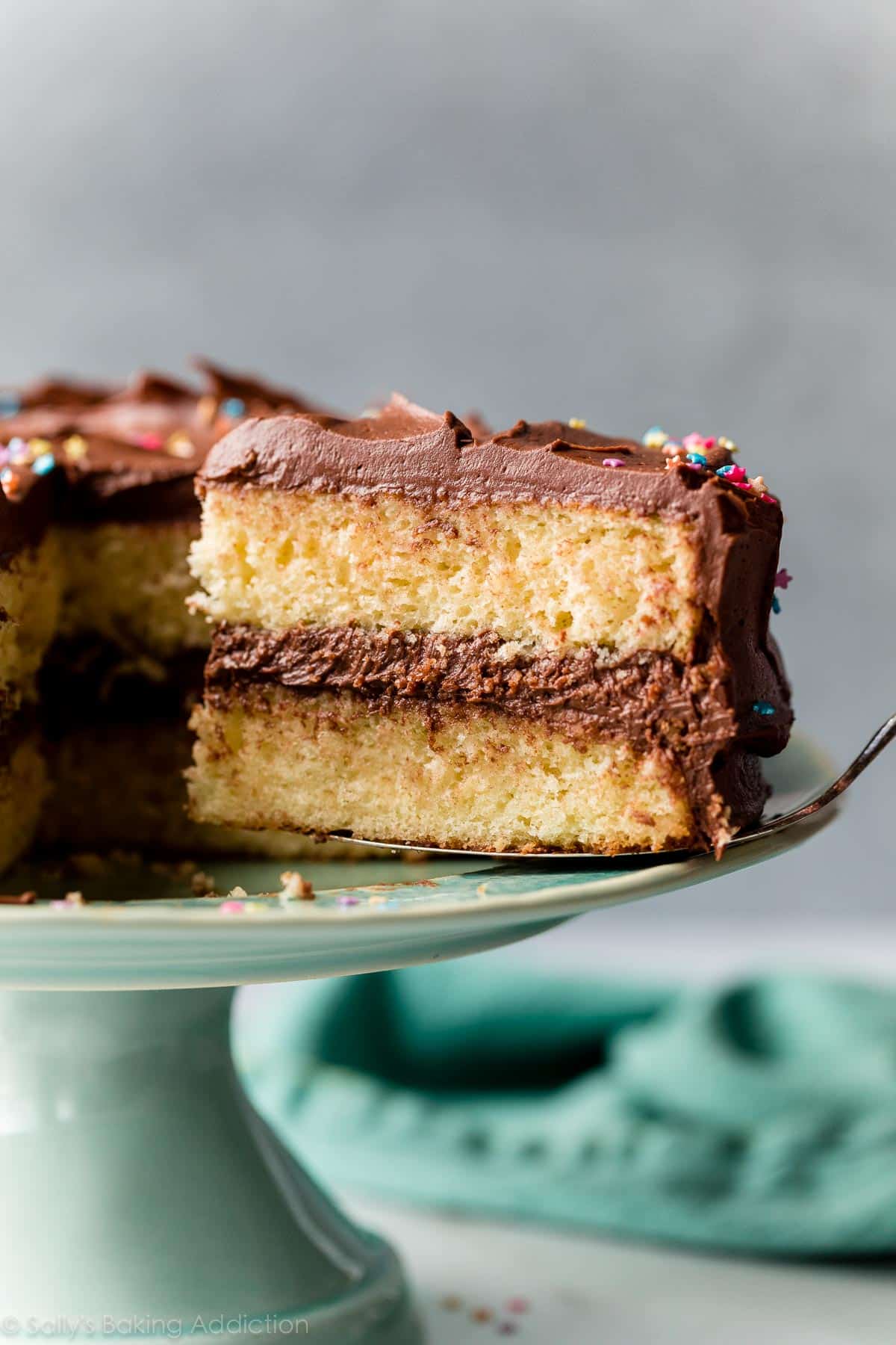 yellow layer cake with chocolate frosting