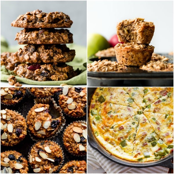 4 gluten free breakfast recipes including breakfast cookies, apple baked oatmeal cups, blueberry muffins, and sausage quiche