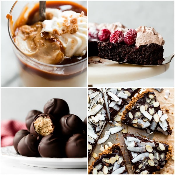 4 gluten free dessert recipes including butterscotch pudding, flourless chocolate cake, peanut butter balls, and chocolate tart