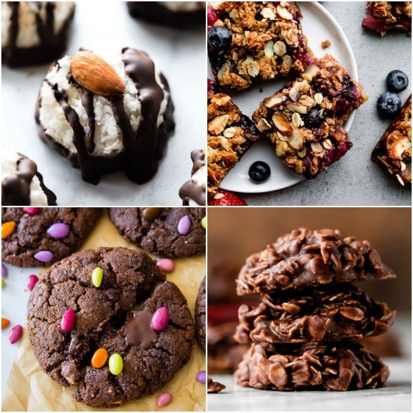 4 gluten free dessert recipes including coconut macaroons, berry bars, almond butter cookies, and no bake cookies