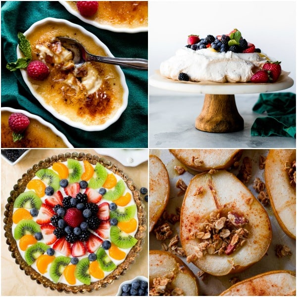 4 gluten free dessert recipes including creme brulee, pavlova, fruit tart, and baked pears