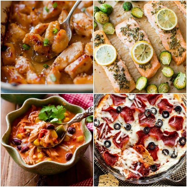 4 gluten free savory recipes including sweet chili chicken, lemon herb salmon, chicken chili, and pizza dip