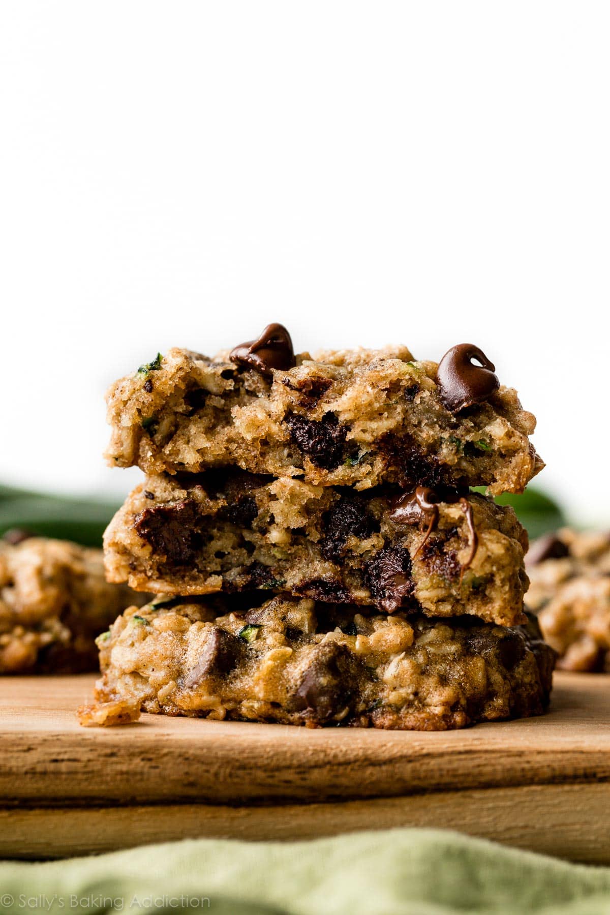 stack of zucchini oatmeal chocolate chip cookies