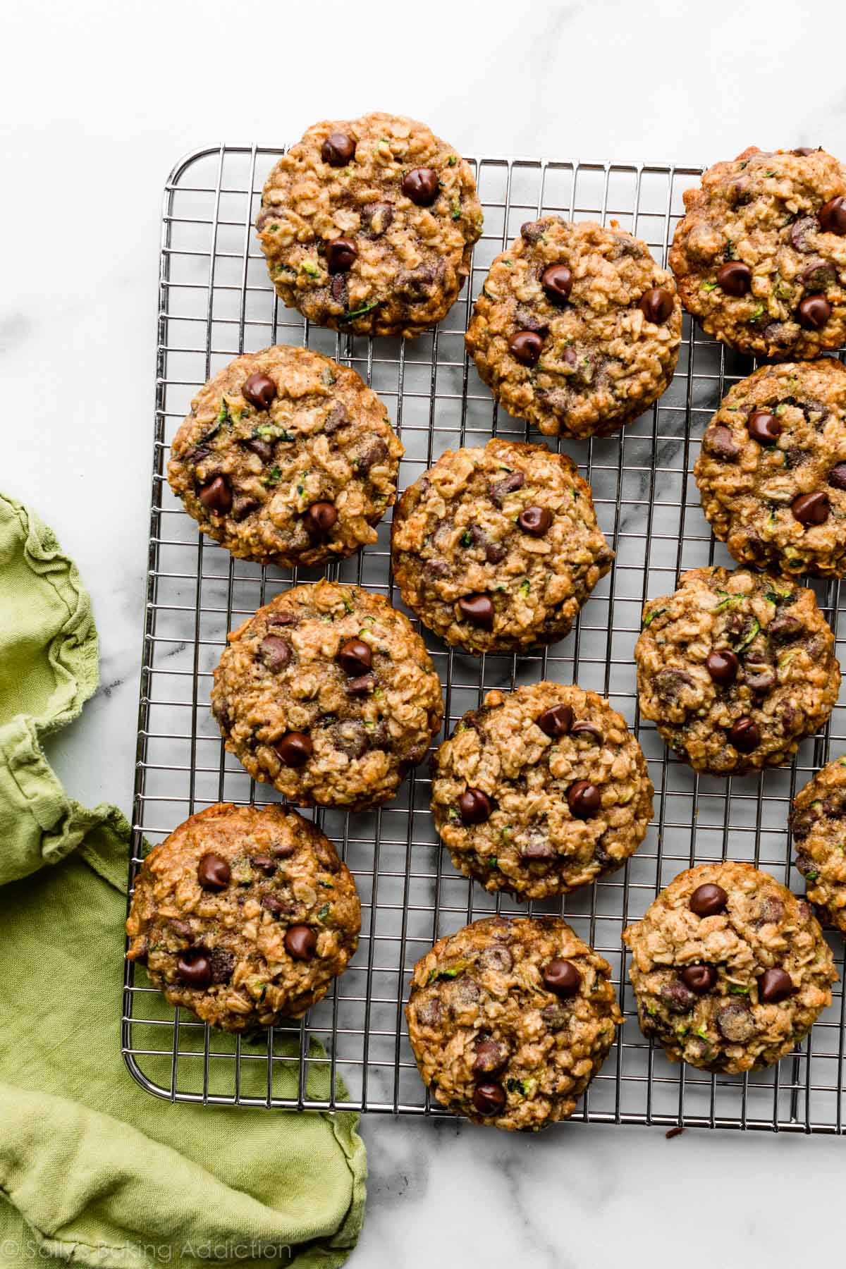 zucchini oatmeal chocolate chip cookies on cooling rack