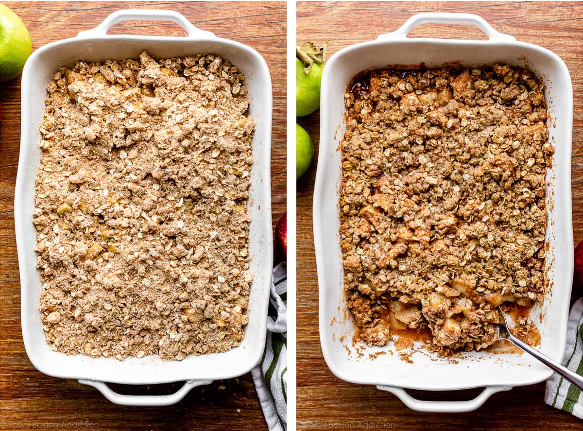 apple crisp shown before and after baking in white baking dish