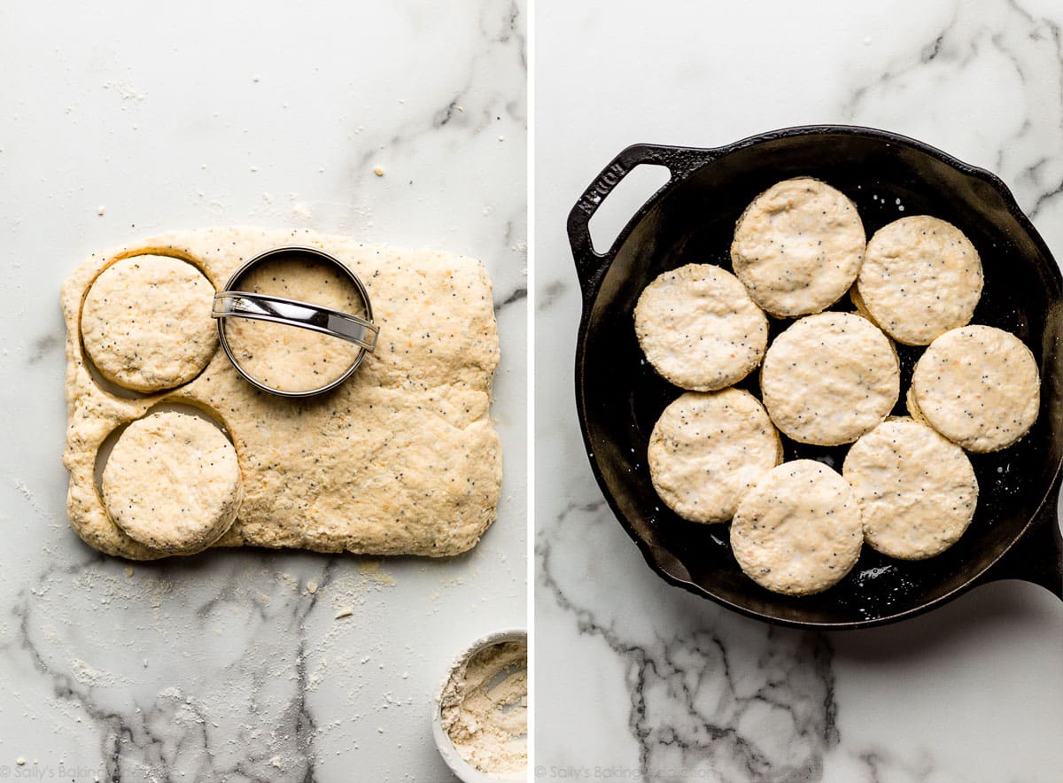 shaping biscuits with biscuit cutter and placed in a cast iron skillet