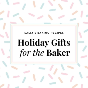 graphic with sprinkles in the background that says Holiday Gifts for the Baker