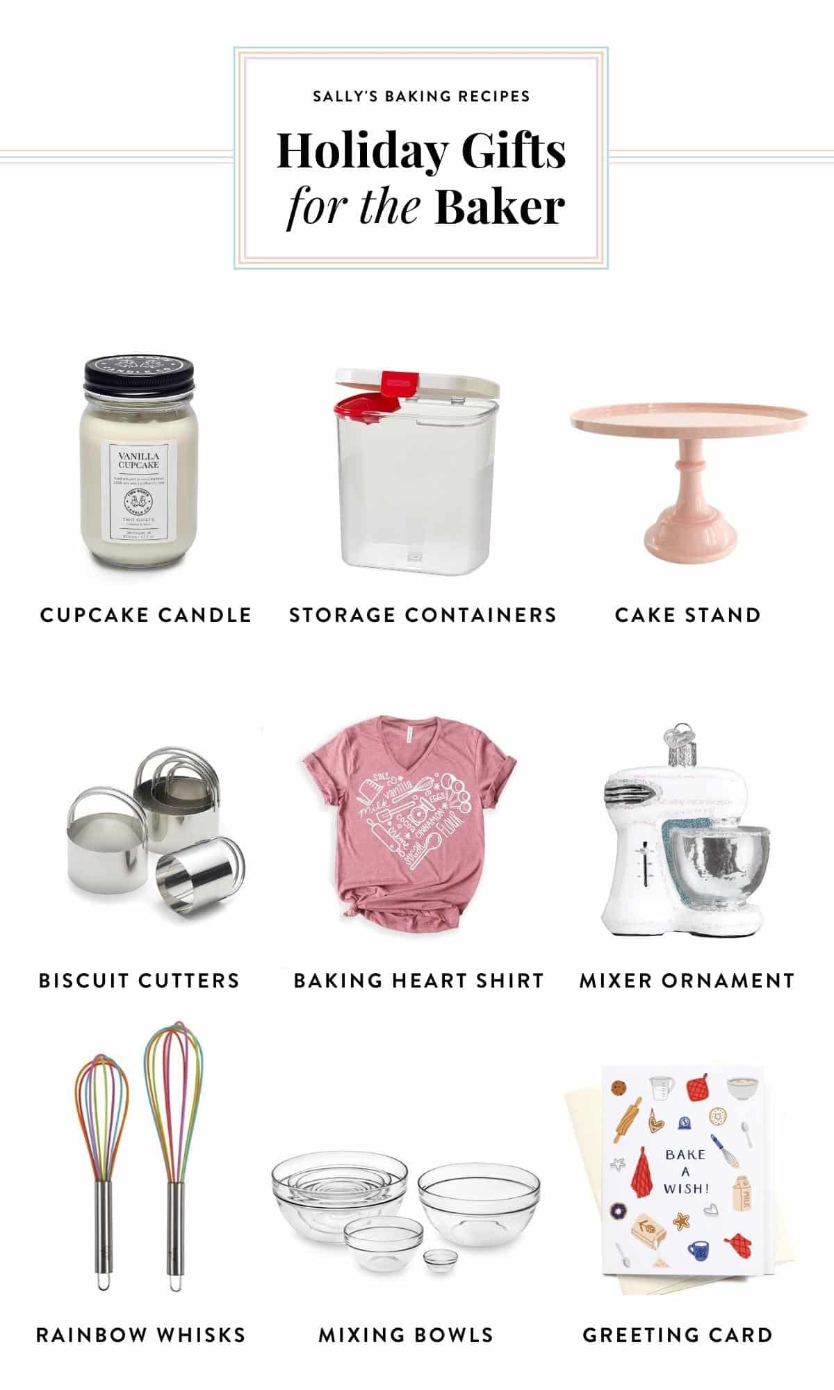 graphic displaying gift ideas for a baker including a candle, stand mixer ornament, pink cake stand, rainbow whisks, and more.
