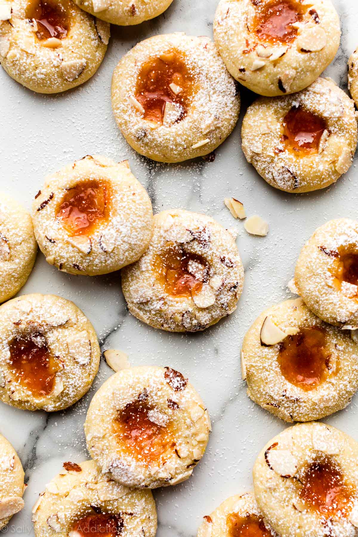 cream cheese apricot cookies rolled in sliced almonds and topped with powdered sugar