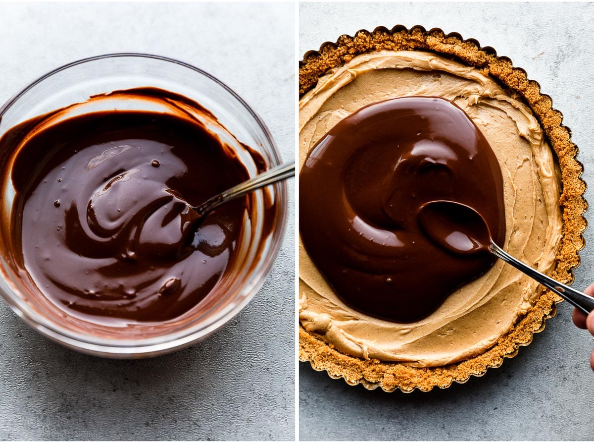 melted chocolate topping on a peanut butter tart