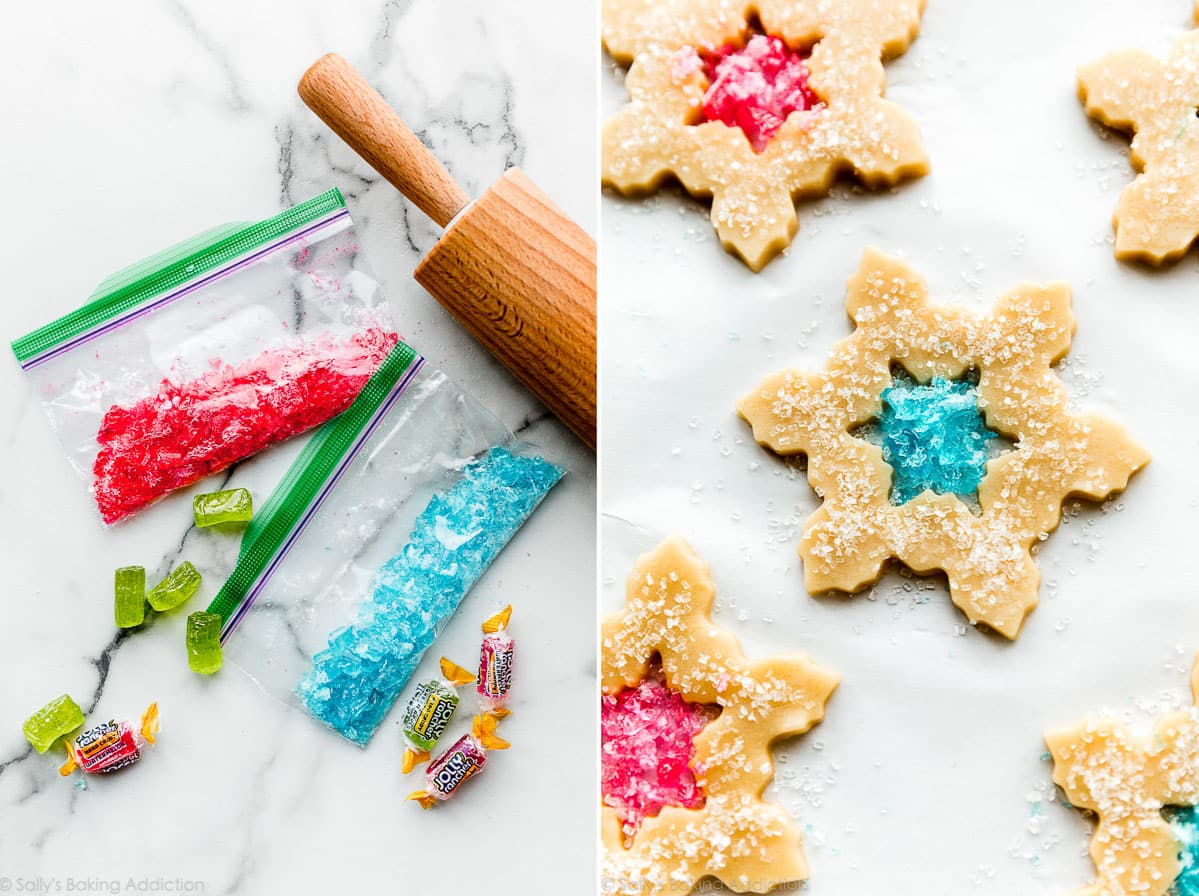 crushed jolly rancher candies inside sugar cookie dough