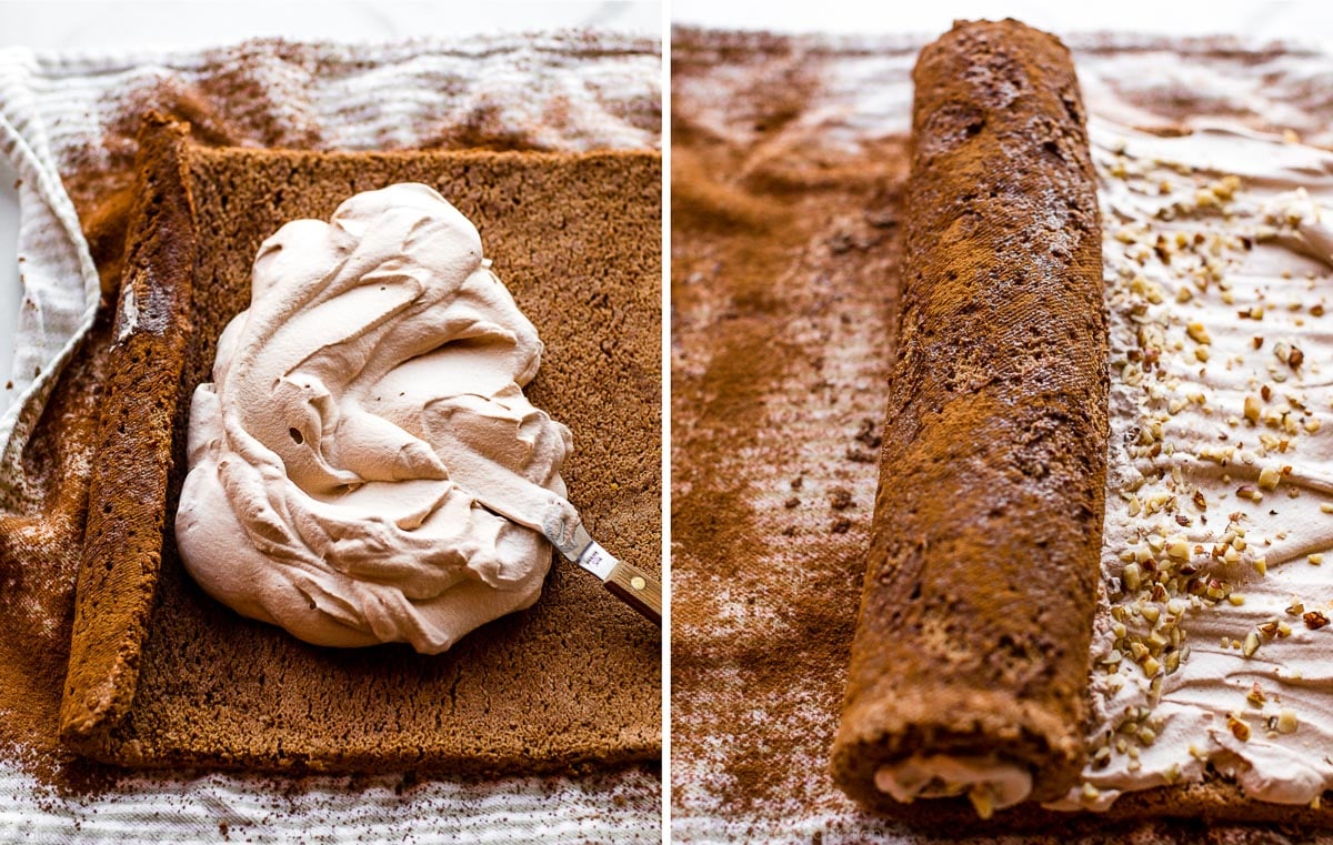 filling and rolling a cocoa sponge cake roll with cocoa hazelnut whipped cream