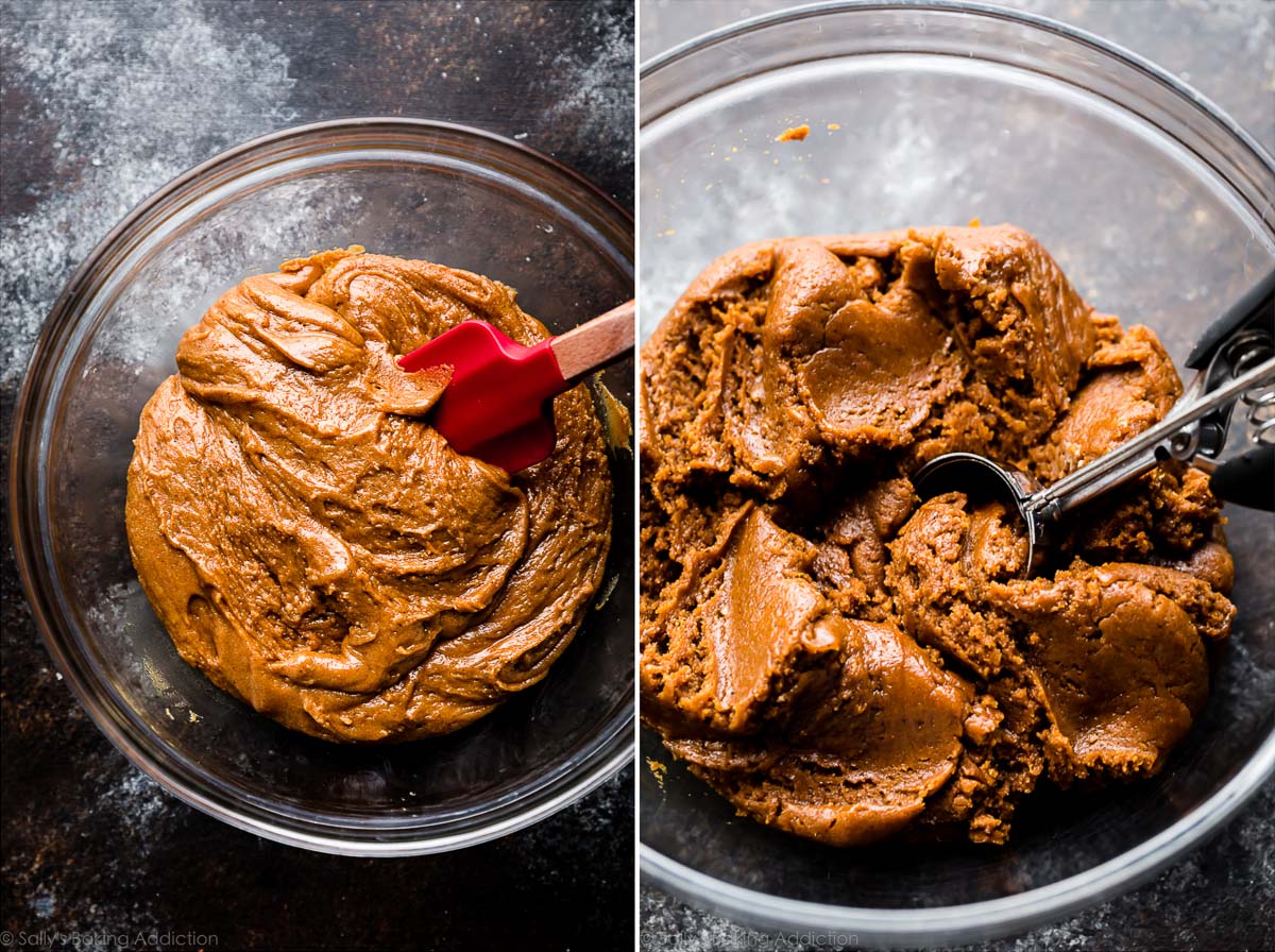 gingerbread whoopie pie cookie dough in glass bowl