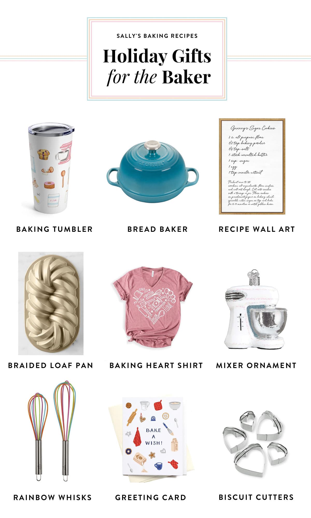 collage of graphics of different baking items including twisted loaf pan, rainbow whisks, pink baking shirt, blue bread baker, stand mixer ornament, and more.