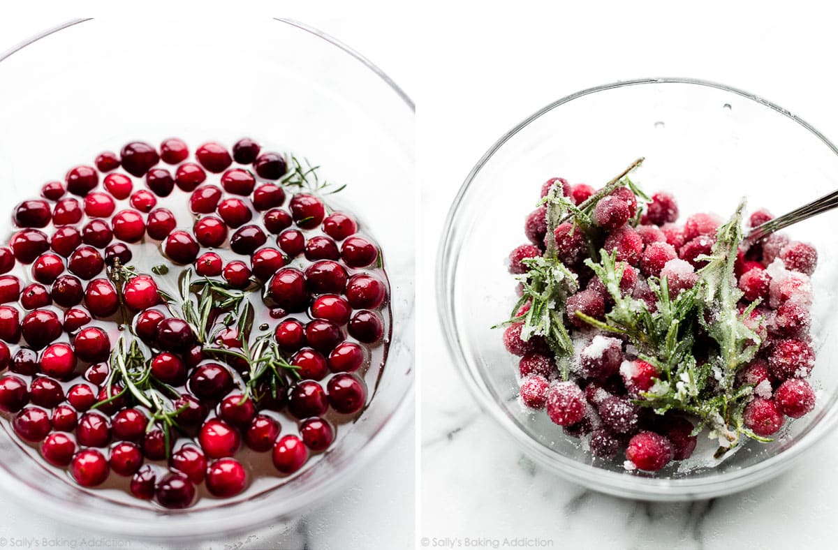 sugared cranberries and rosemary in glass bowl