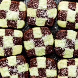 overhead photo of 15 mint chocolate checkerboard cookies