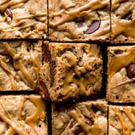 overhead photo of mocha blondies with espresso glaze drizzled on top