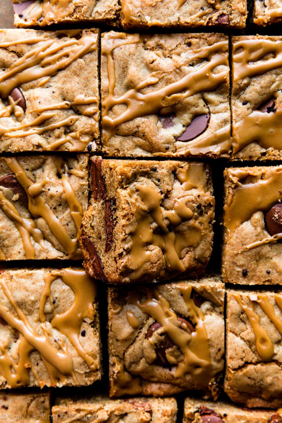 overhead photo of mocha blondies with espresso glaze drizzled on top