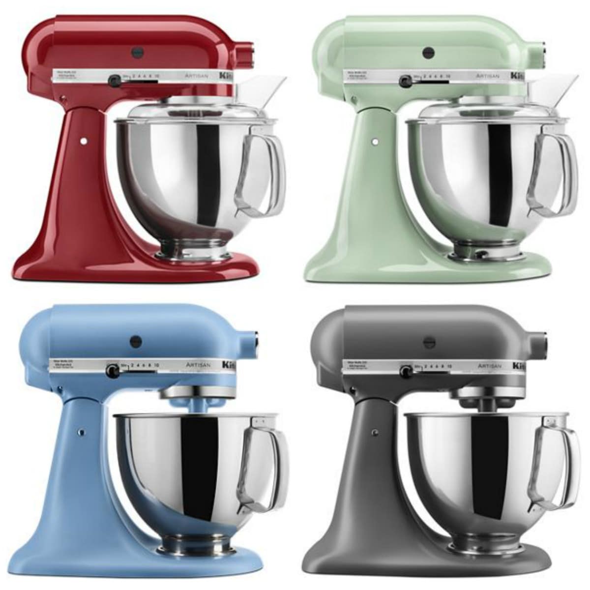 a photo collage of 4 KitchenAid stand mixers