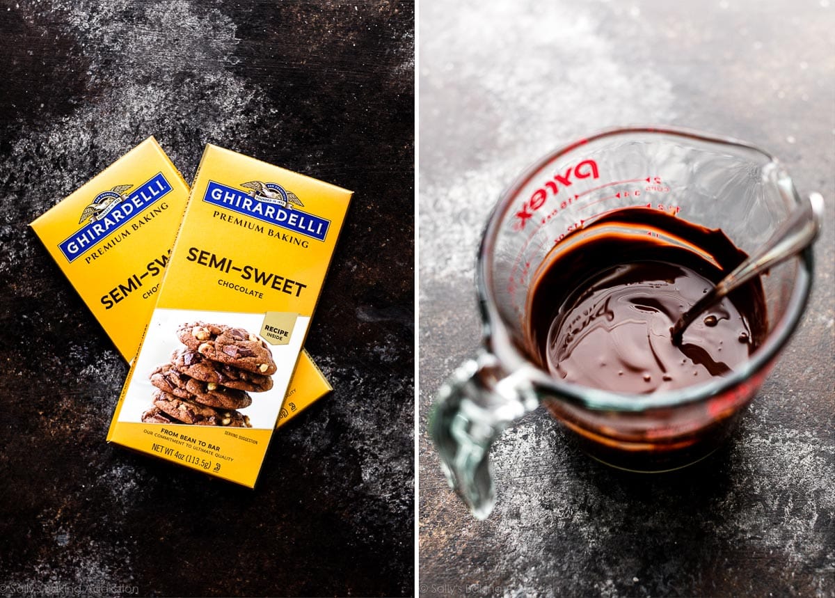 one photo of ghirardelli baking chocolate bars and another photo of melted chocolate