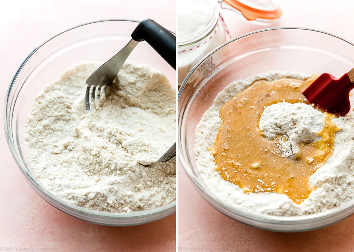 a side by side photo showing a bowl of flour with cold butter crumbles worked in and then beaten eggs poured on top