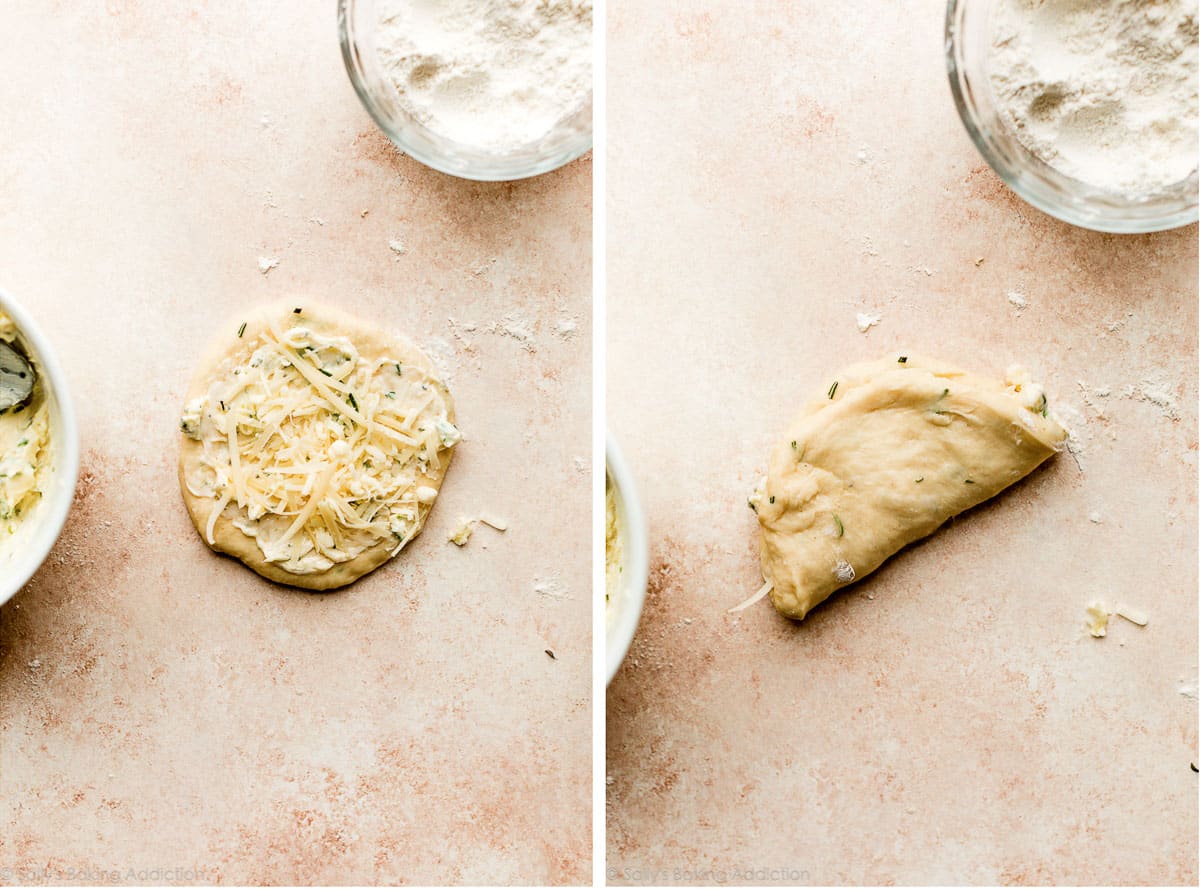 side by side photo of butter and cheese filling on dough then dough folded up