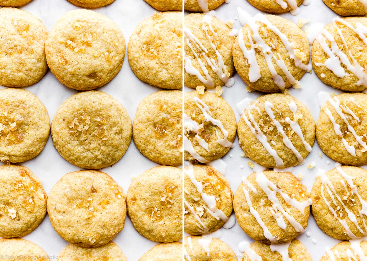 side by side photo of plain lemon cookies and lemon cookies with glaze on top
