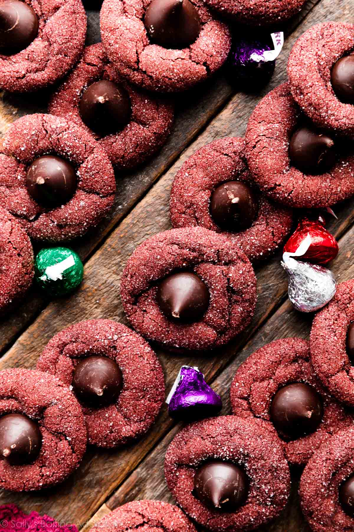 red velvet cookies with hershey's kisses in the center