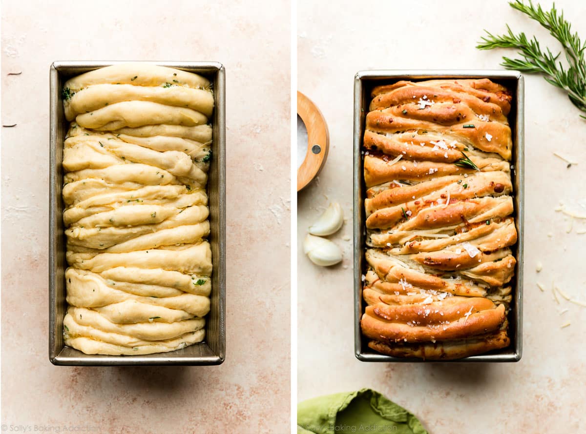side by side photo of pull apart bread before baking and after baking