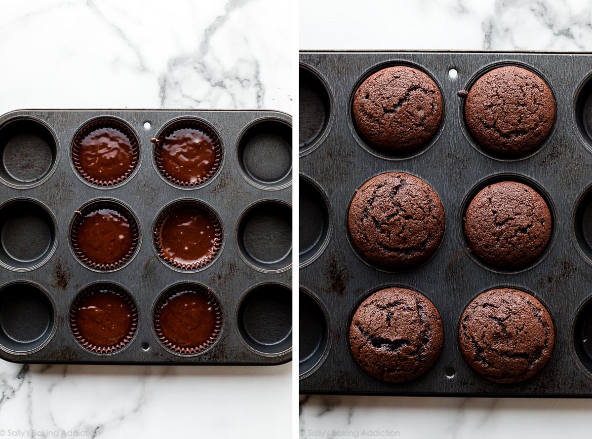 6 chocolate cupcakes before and after baking