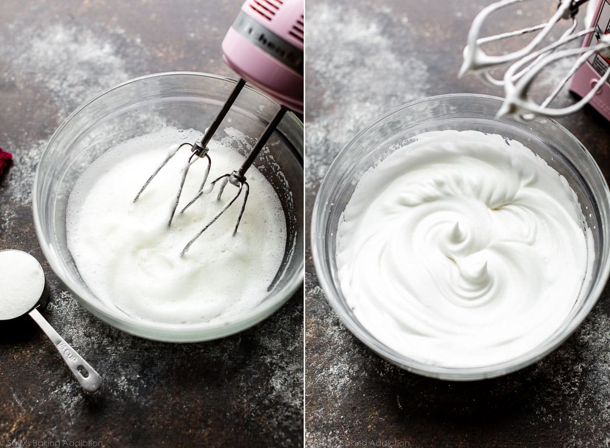 beating egg whites and sugar into stiff peaks