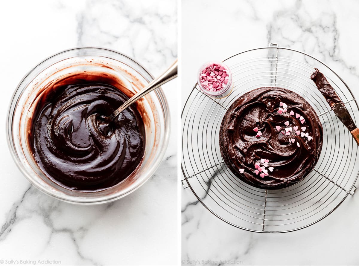 two side-by-side photos of chocolate ganache in a bowl then chocolate ganache spread on a small chocolate cake