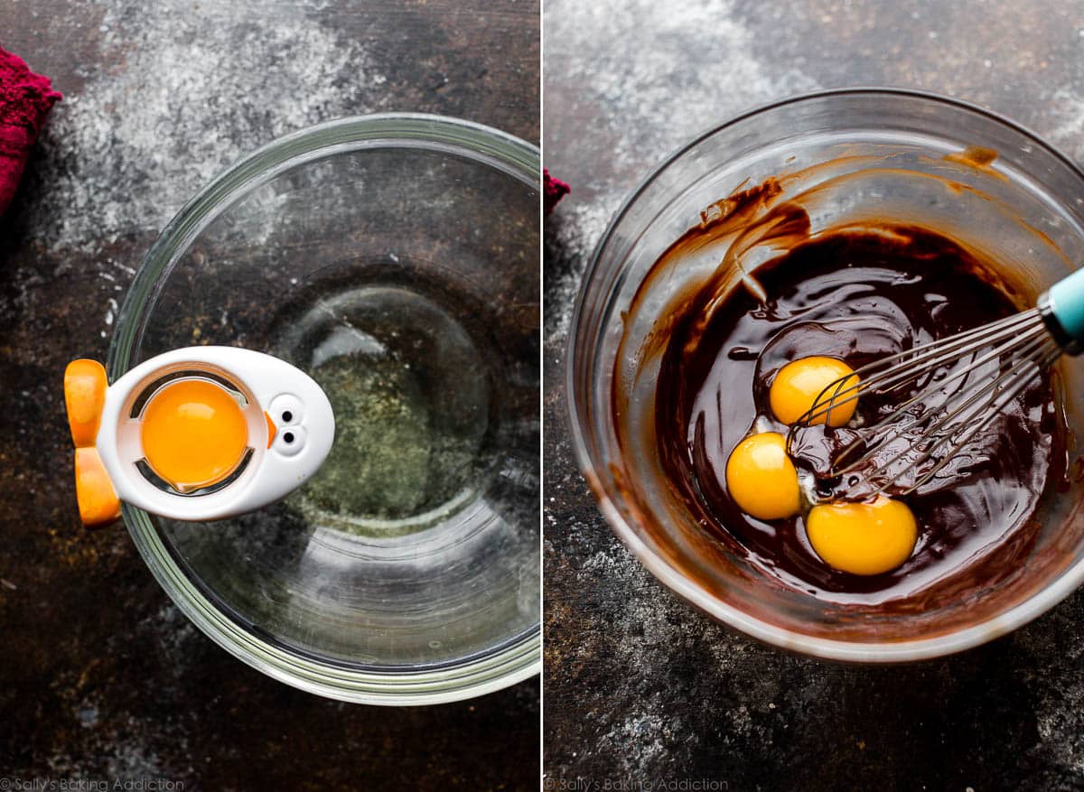 side by side photos of an egg separator then a bowl of melted chocolate with egg yolks on top