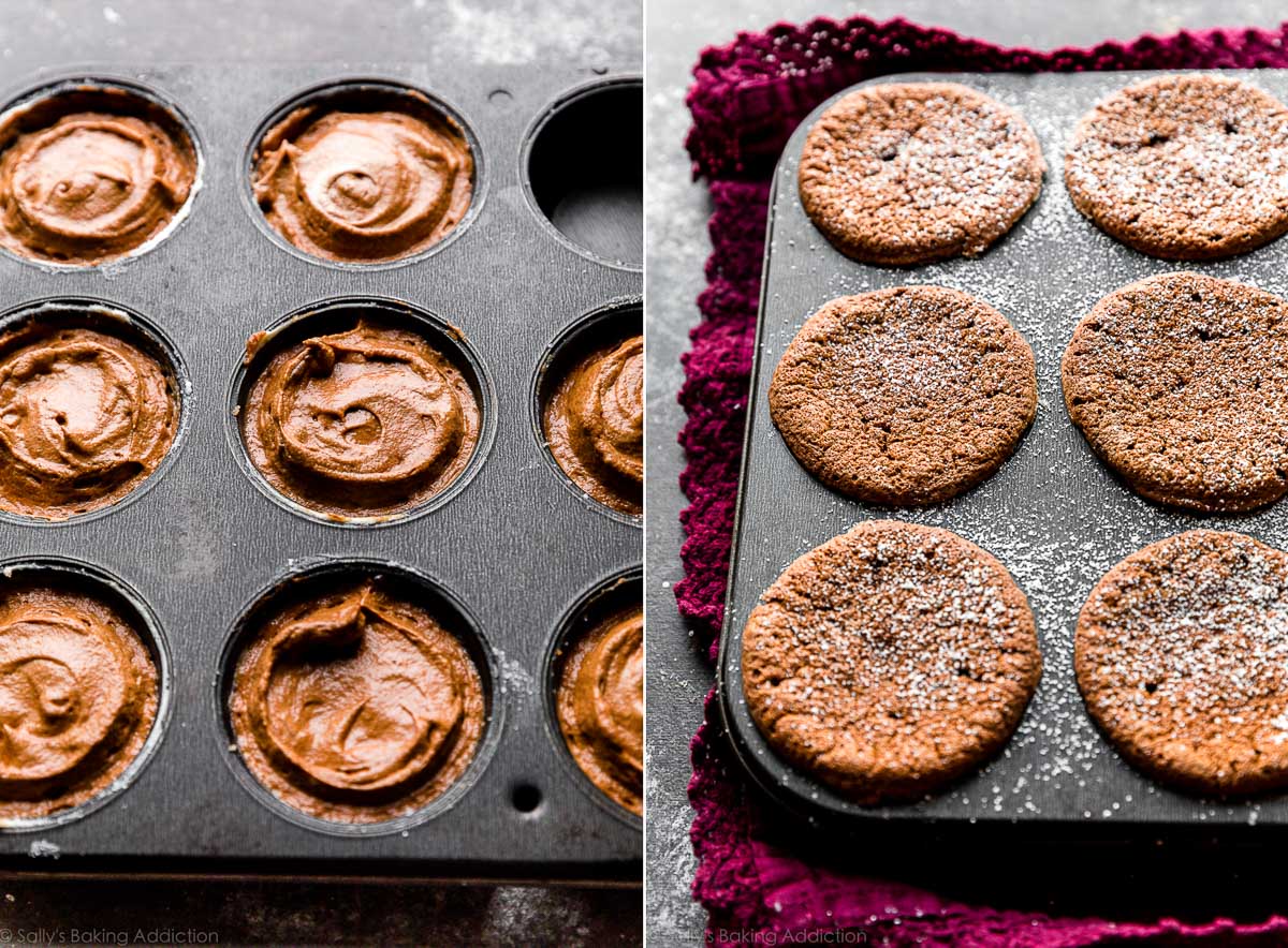 chocolate souffle batter and baked souffles in a muffin pan
