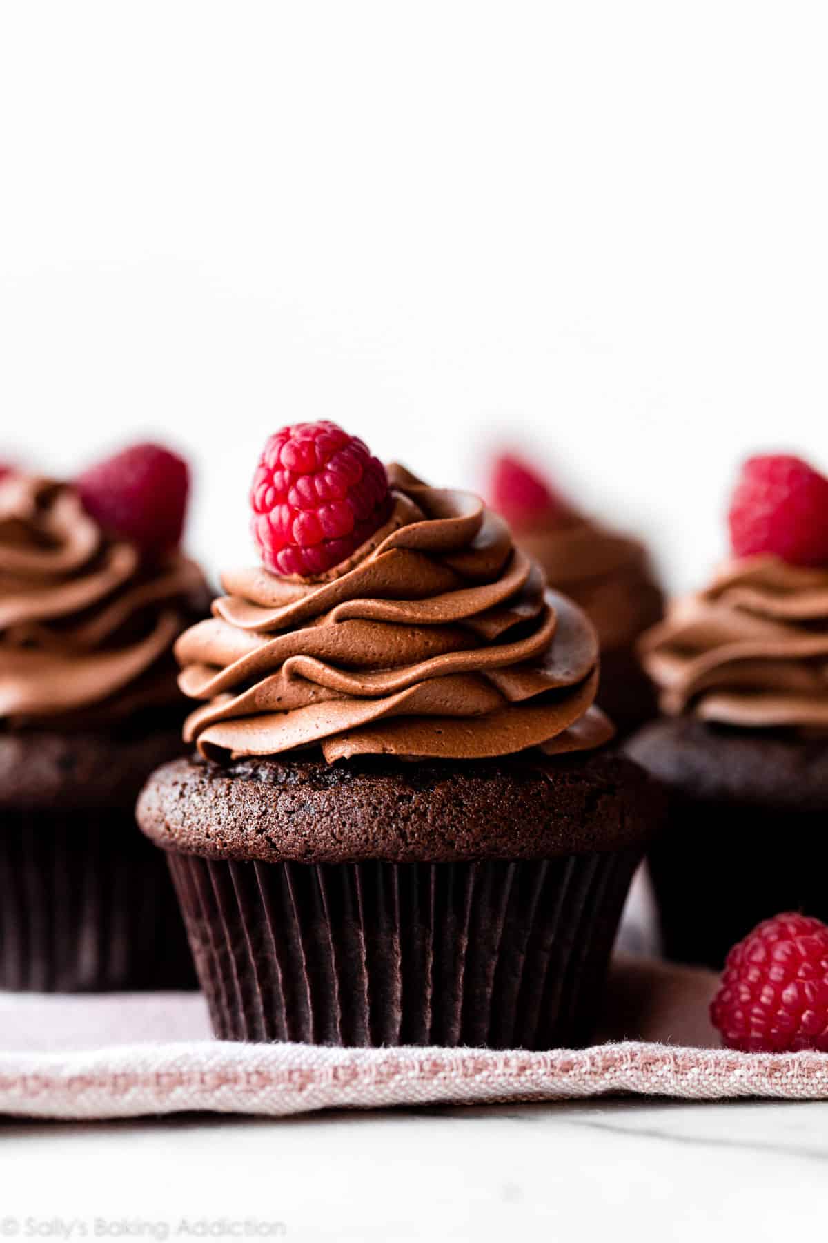 chocolate cupcake with whipped chocolate ganache and a raspberry on top