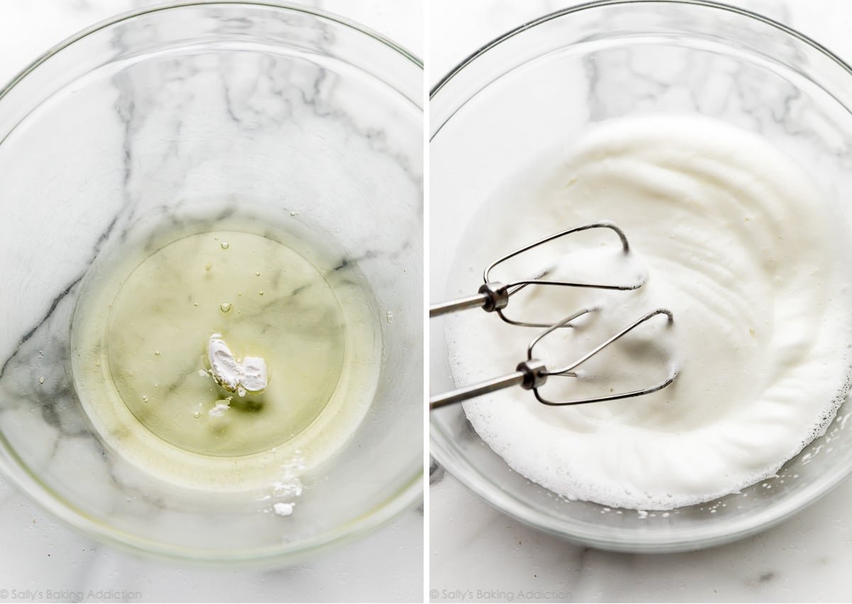 beating egg whites and cream of tartar together in a glass bowl