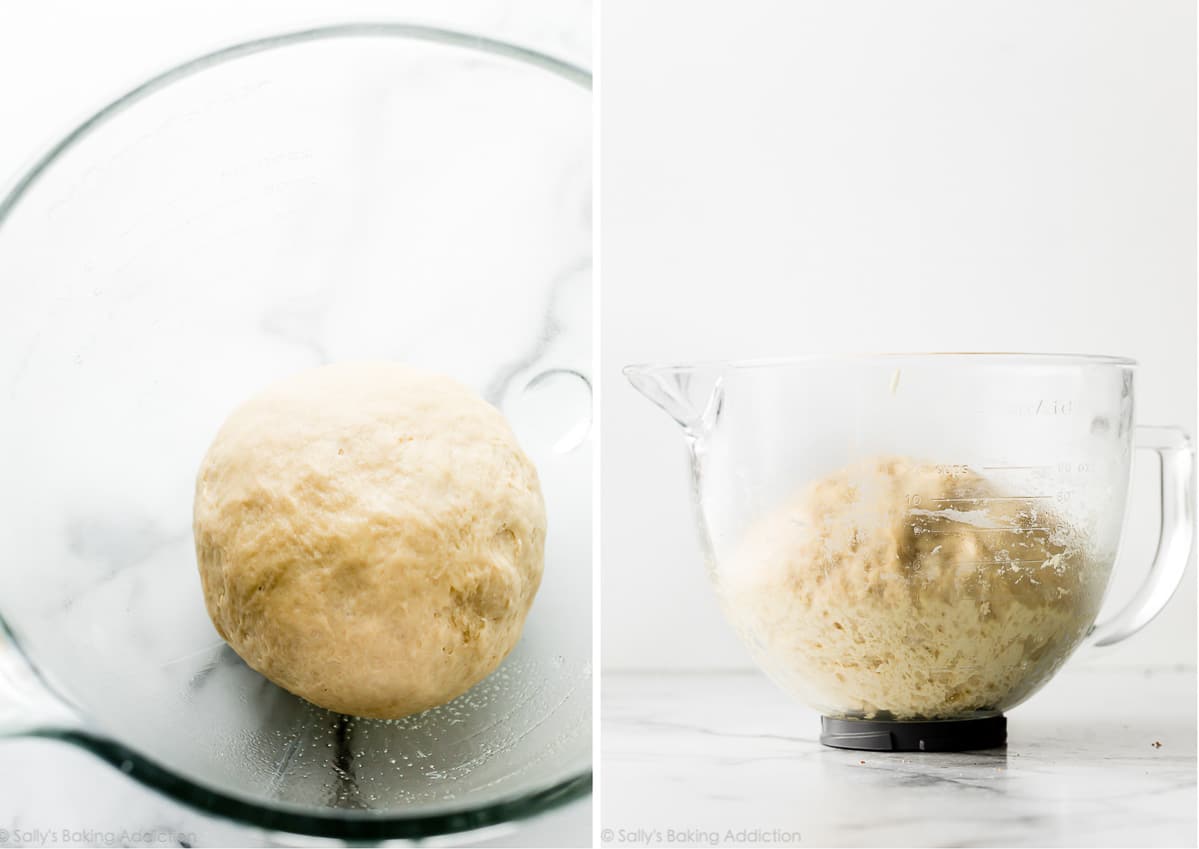 bread dough before and after rising in side-by-side photos